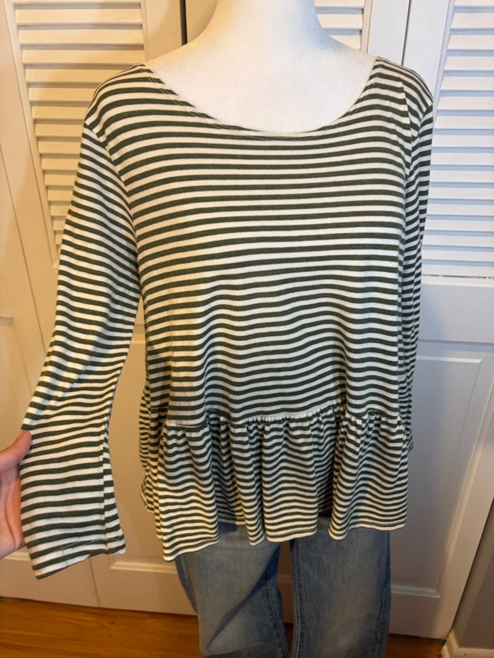 We The Free Striped Peplum Tunic - Olive Green & White